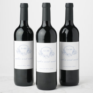 Étiquette Pour Bouteilles De Vin Couronne florale de mariage monogramme bleu poussi