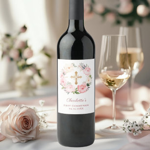 Étiquette Pour Bouteilles De Vin Couronne florale rose croix Première Communion