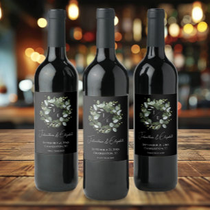 Étiquette Pour Bouteilles De Vin Couronne Monogramme Eucalyptus moderne   Black