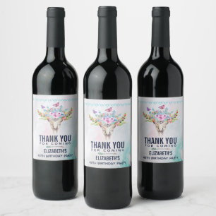Étiquette Pour Bouteilles De Vin Crâne Boho avec papillons et fleurs Anniversaire