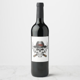 Étiquette Pour Bouteilles De Vin Crâne de gangster avec chapeau fedora