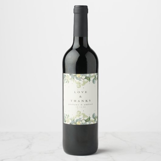 Étiquette Pour Bouteilles De Vin Crème Snowberry+Eucalyptus Mariage d'hiver (Devant)