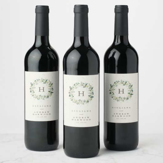 Étiquette Pour Bouteilles De Vin Crème Snowberry+Eucalyptus Mariage d'hiver (Bouteilles)