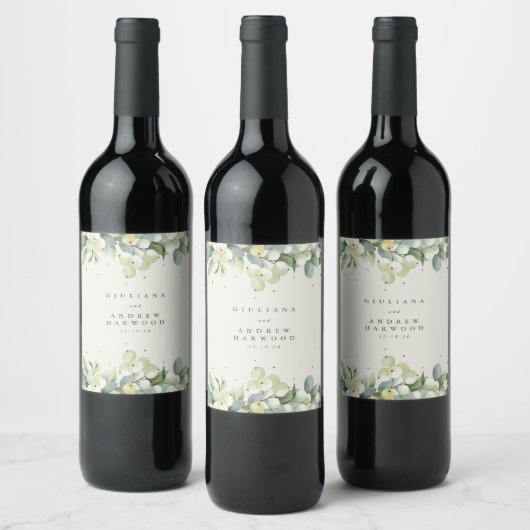 Étiquette Pour Bouteilles De Vin Crème Snowberry+Eucalyptus Mariage d'hiver (Bouteilles)