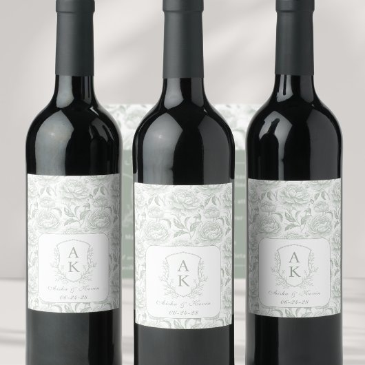 Étiquette Pour Bouteilles De Vin Crest Monogram Sage Green Mariage