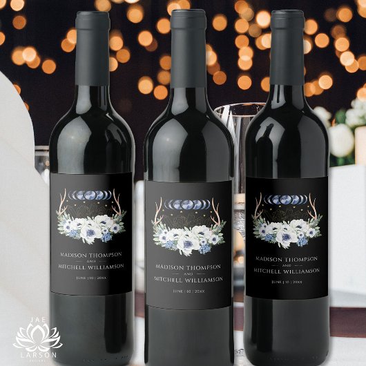 Étiquette Pour Bouteilles De Vin Cristaux de Lune Fleurs Boho Métaphysique Mariage