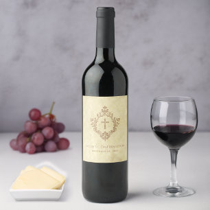 Étiquette Pour Bouteilles De Vin Croix de confirmation et blason Brun parchemin vin