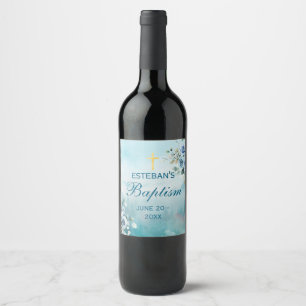 Étiquette Pour Bouteilles De Vin Croix Florale Bleue Baptême