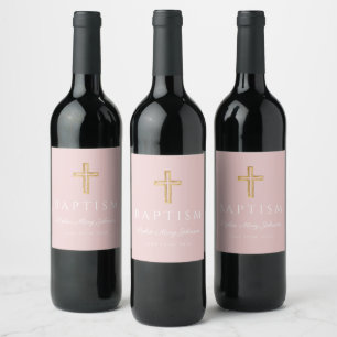 Étiquette Pour Bouteilles De Vin Croix Religieuse Rose Pâle Fille Baptême