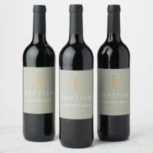 Étiquette Pour Bouteilles De Vin Croix Religieuse Vert Sauge Garçon Baptême