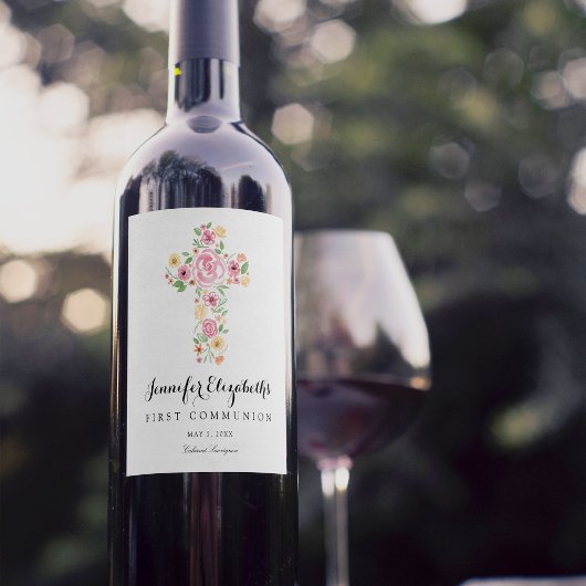 Étiquette Pour Bouteilles De Vin Croix rose de l'aquarelle Fleur première communion