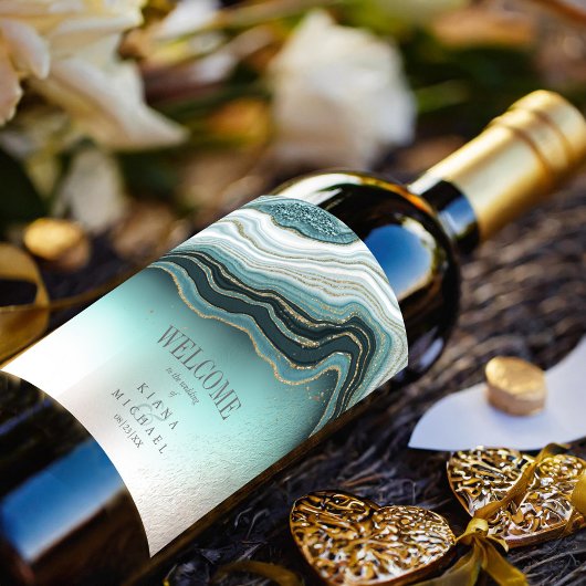 Étiquette Pour Bouteilles De Vin Crystal Agate Mariage Bienvenue ID Turquoise825