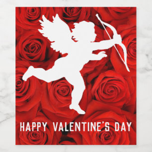 Étiquette Pour Bouteilles De Vin Cupidon de Saint-Valentin et roses rouges