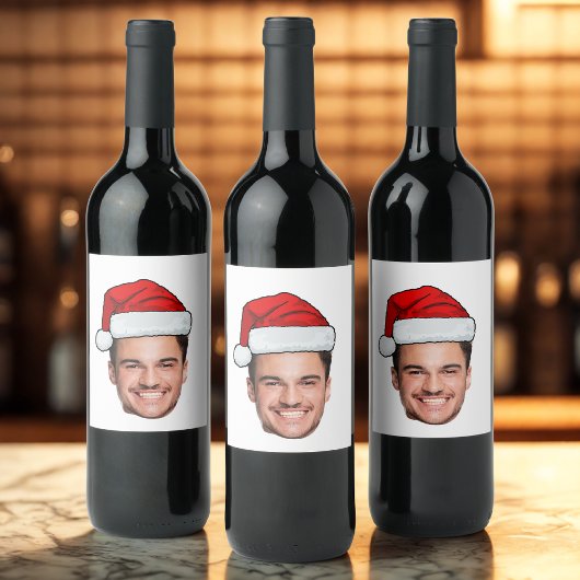 Étiquette Pour Bouteilles De Vin Custom Face Photo Santa Hat Christmas