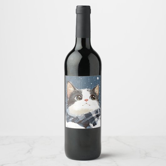 Étiquette Pour Bouteilles De Vin Cute cat cozy winter snow (Devant)