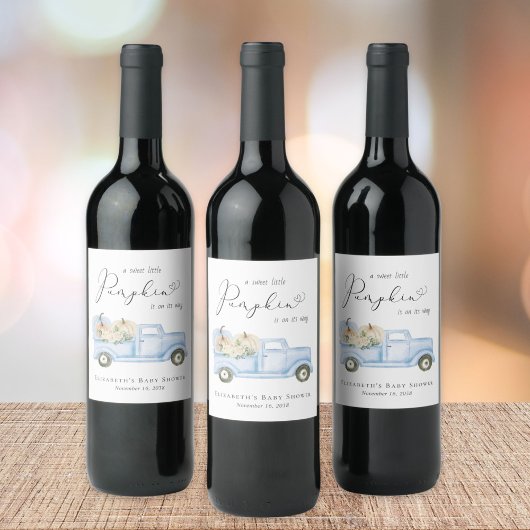 Étiquette Pour Bouteilles De Vin Cute Citrouille Bleu Camion Aquarelle Bébé Garçon