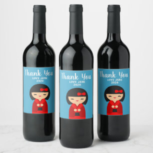 Étiquette Pour Bouteilles De Vin Cute Red Kokeshi poupées japonaises