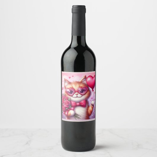 Étiquette Pour Bouteilles De Vin Cute Valentine's day cat/chaton (Devant)