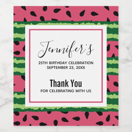 Étiquette Pour Bouteilles De Vin Cute Watermelon Motif rose et vert Anniversaire (Étiquettes simples)