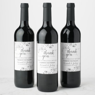 Étiquette Pour Bouteilles De Vin Dentelles d'argent sur Merci Mariage blanc