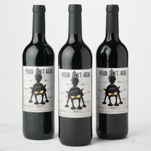 Étiquette Pour Bouteilles De Vin Dessin animé de chat noir drôle et féroce