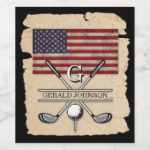 Étiquette Pour Bouteilles De Vin Dessin de monogramme de golf avec drapeau américai (Étiquettes simples)