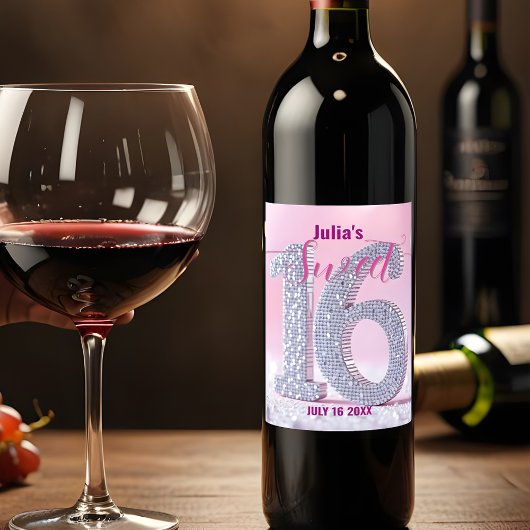 Étiquette Pour Bouteilles De Vin Diamant rose étincelant Nombre étouffé Douce 16