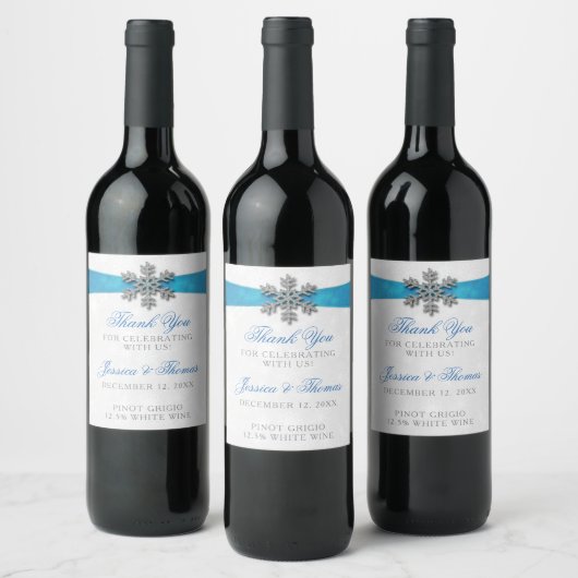 Étiquette Pour Bouteilles De Vin Diamante Snowflake & Blue Ribbon Mariage d'hiver (Bouteilles)