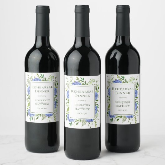 Étiquette Pour Bouteilles De Vin Dîner de répétition au bleu Hydrangea (Bouteilles)