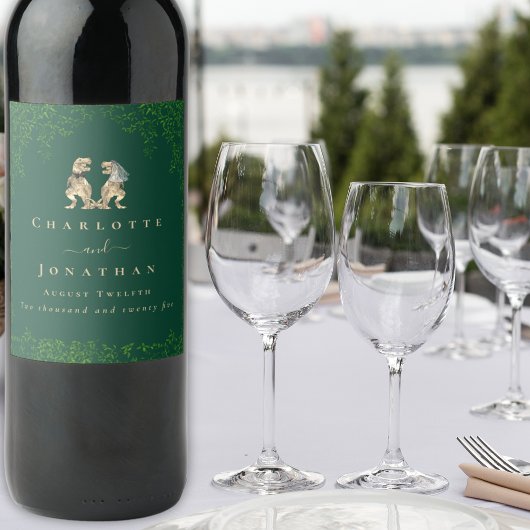 Étiquette Pour Bouteilles De Vin Dinosaur Thème Mariage Vert foncé
