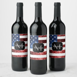 Étiquette Pour Bouteilles De Vin Drapeau américain rouge et bleu étincelles parti