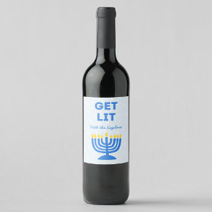 Étiquette Pour Bouteilles De Vin Drôle "Get Lit" Chic Personnalisé Menorah Hanoukka