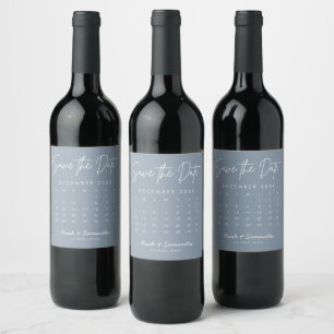 Étiquette Pour Bouteilles De Vin Dusty Blue Enregistrer la date Calendrier Minimali