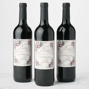 Étiquette Pour Bouteilles De Vin Dusty Blue Misty Rose Fleurs or Christening