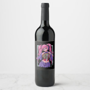 Étiquette Pour Bouteilles De Vin Éffrayant Anime Girl Waifu Halloween Pastel Goth O