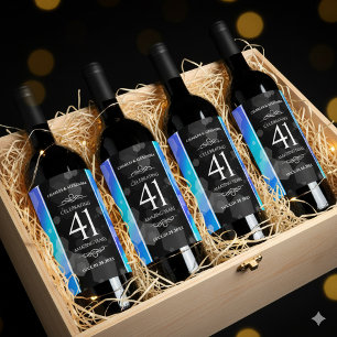 Étiquette Pour Bouteilles De Vin Élégant 41ème anniversaire Mariage de Topaz Bleu