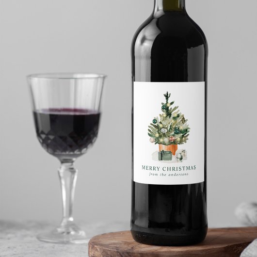 Étiquette Pour Bouteilles De Vin Elégant Aquarelle Arbre de Noël
