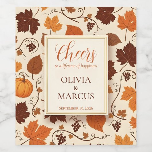 Étiquette Pour Bouteilles De Vin Elegant Autumn with Fall Leaves, Grapes, Pumpkin (Étiquettes simples)