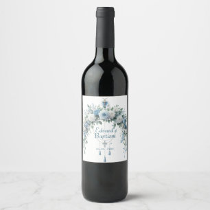 Étiquette Pour Bouteilles De Vin Élégant Baptême de Croix Florale Bleue