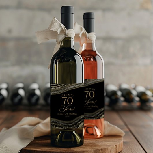 Étiquette Pour Bouteilles De Vin Elegant Black Gold Agate 70th Birthday Party