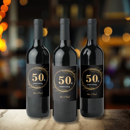 Étiquette Pour Bouteilles De Vin Elégant Black Gold Leaf 50e anniversaire Mariage