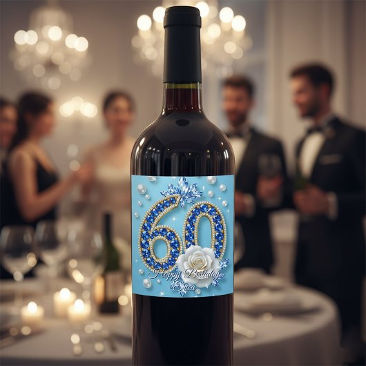 Étiquette Pour Bouteilles De Vin Elégant bleu brillant et bijoux de perles 60e anni
