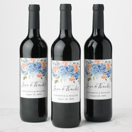 Étiquette Pour Bouteilles De Vin Élégant bleu Hydrangea rose Rose Mariage (Bouteilles)