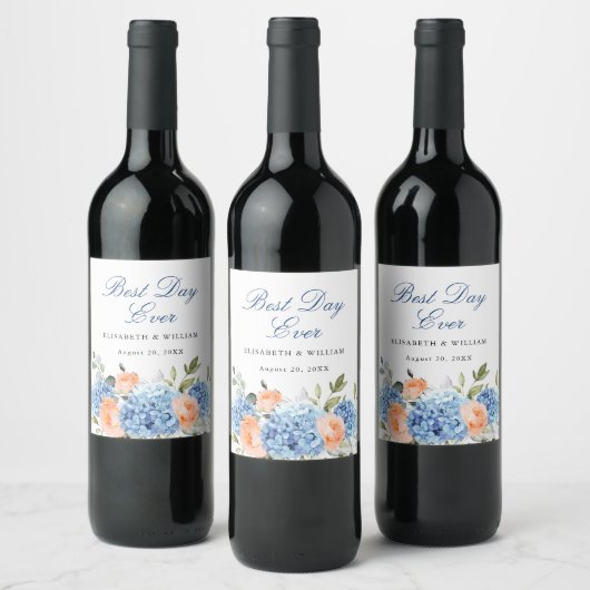 Étiquette Pour Bouteilles De Vin Élégant bleu Hydrangea rose Rose Mariage (Bouteilles)