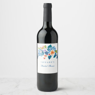 Étiquette Pour Bouteilles De Vin Elégant Blue Peach Floral Fête des mariées Étiquet
