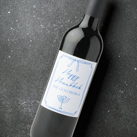 Étiquette Pour Bouteilles De Vin Elegant Bow Menorah Nom personnalisé Happy Hanoukk