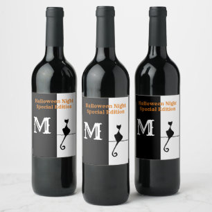 Étiquette Pour Bouteilles De Vin Élégant chat noir avec classique initial