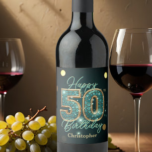 Étiquette Pour Bouteilles De Vin Élégant Chic Turquoise et métal or 50e anniversair