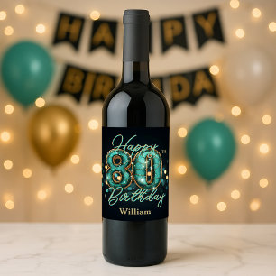 Étiquette Pour Bouteilles De Vin Elégant Chic Turquoise et métal or 80e anniversair