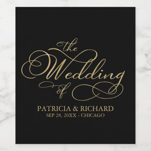 Étiquette Pour Bouteilles De Vin Élégant Faux Foil Black Gold Calligraphy Mariage (Étiquettes simples)